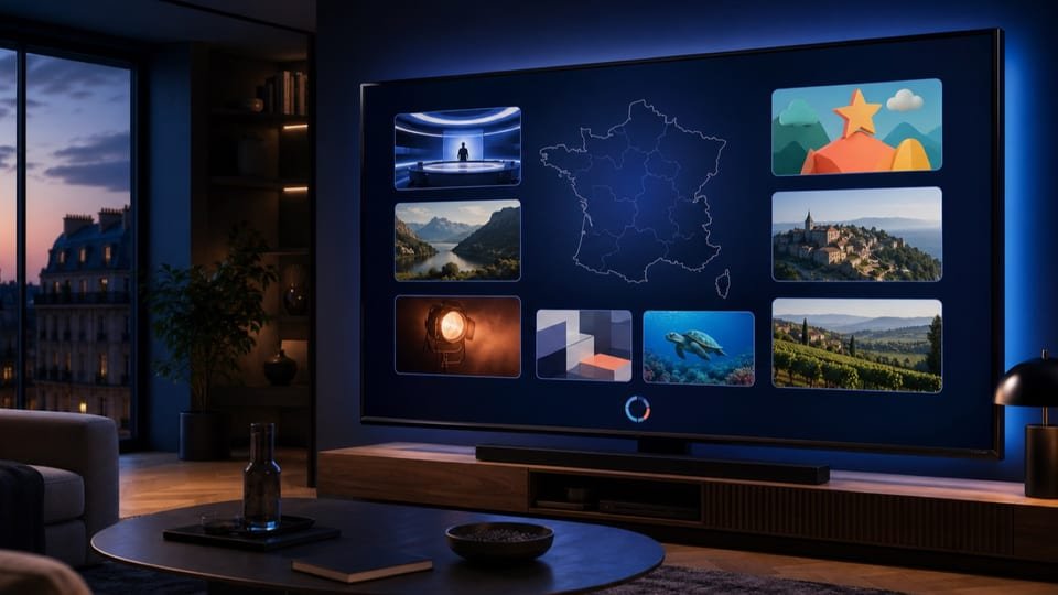 Téléviseur montrant une carte de France entourée de vignettes de programmes illustratifs