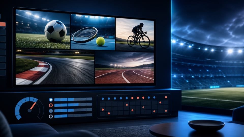 Écran avec vignettes de football, tennis, cyclisme et pistes sportives, accompagné d’un calendrier illustré